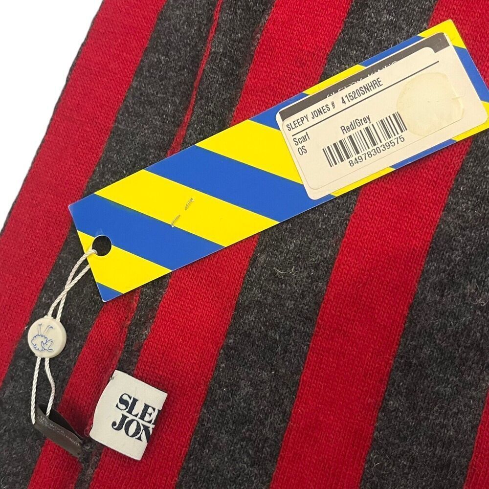 Sleepy Jones Striped Scarf Red Grey Cashmere Wool Angora Rabbit Blend 62x5 New — image 6 of 8